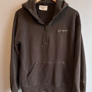 YOUNGLA Hoodie Men Small Brown Olive Green Quarter Zip Rivet 509 Kangaroo Pocket